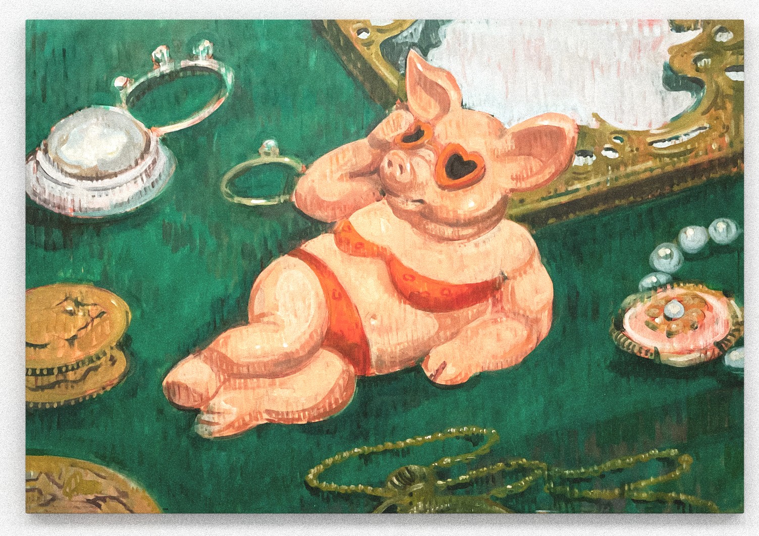 Matteo Silverii, Figurines - Piggy, acrilico su tela, 64 x 93 cm, 2024 Matteo Silverii, Figurines - Piggy, acrilico su tela, 64 x 93 cm, 2024